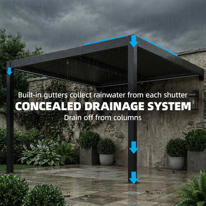 3x3m Wall-Mounted Louvered Pergola | LED Lights | Adjustable Louvres | Drainage | Windproof 7-8 | Dark Grey
