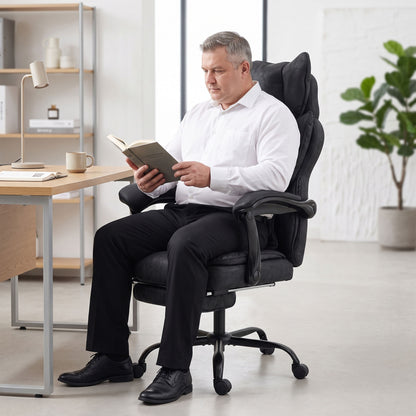 Executive Office Chair | Leathaire | 13cm Spring-Core Seat | 135° Recline & Pull-Out Footrest | Linkage Armrests | Lumbar Pillow | Adjustable Headrest | Fire-Retardant | 180kg | Up to 190cm | Black / Grey