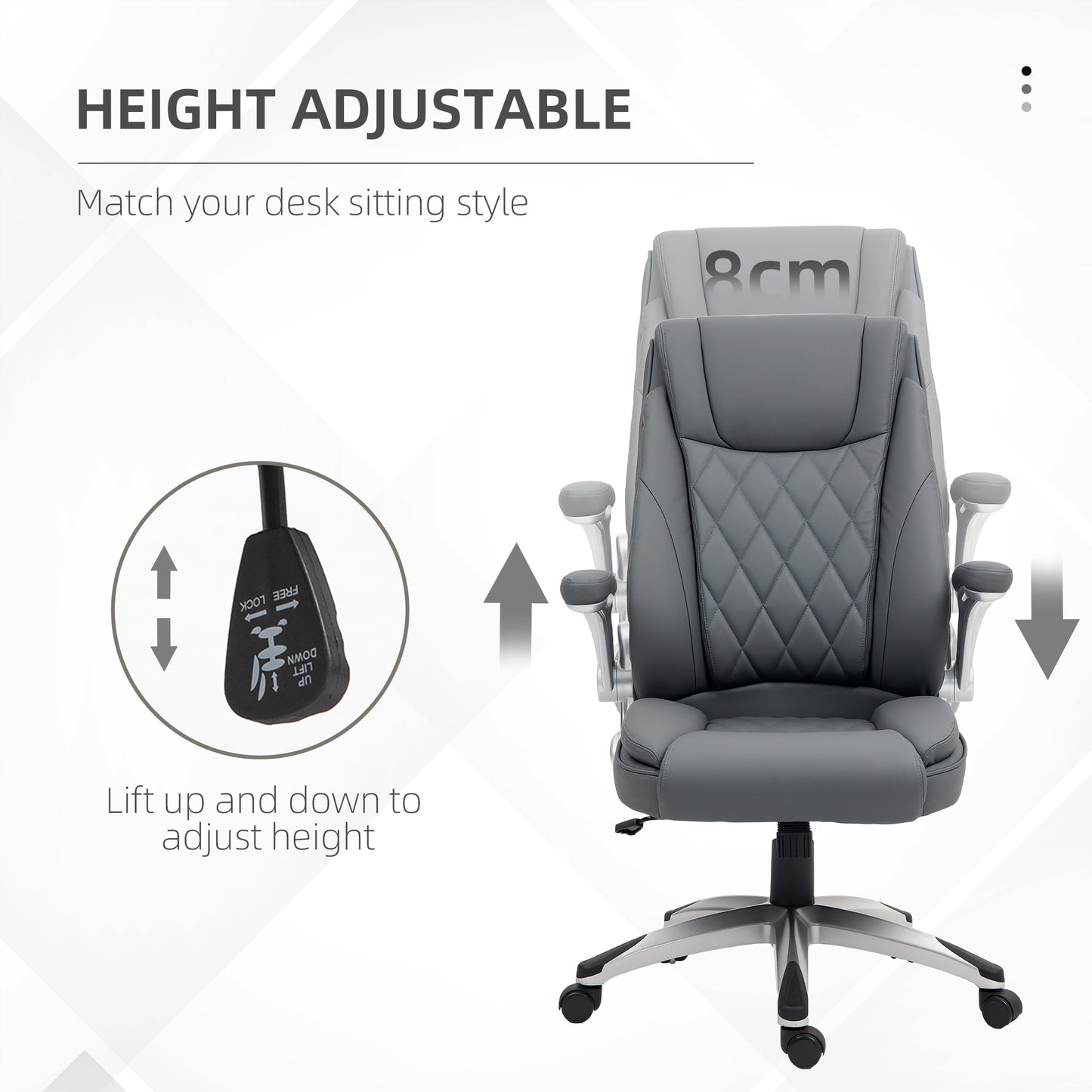Executive Faux Leather Office Chair | High Back | Headrest | High Arms | Thick Padding | Rocking Function | 360° Swivel | 5 Wheels | Height Adjustable 113-121cm | 135kg | Dark Grey