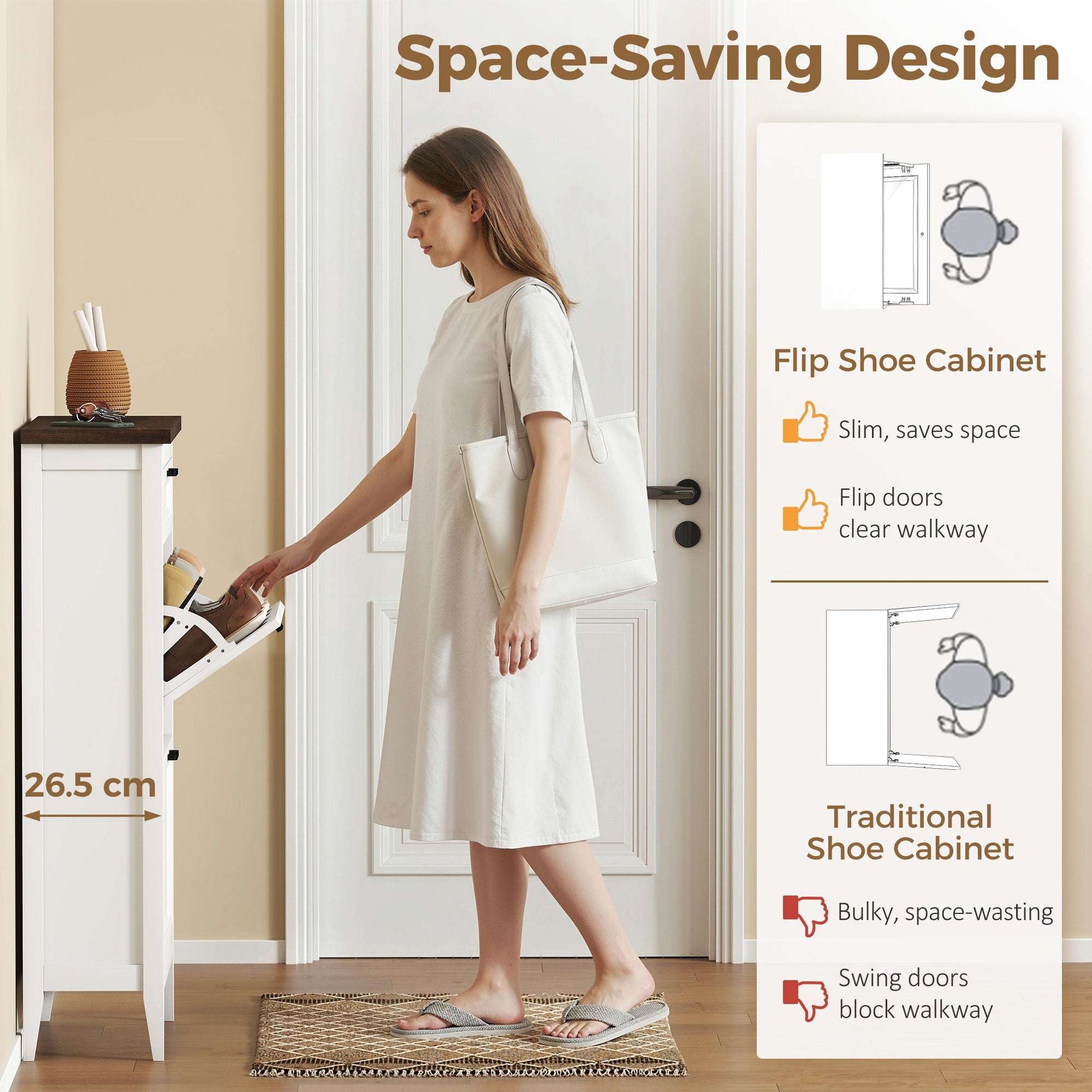 Farmhouse Narrow Shoe Cabinet | 2 Flip Drawers & Top Drawer | Adjustable Shelves | 8-12 Pairs | Slim 26.5cm Depth | Max UK 9.5 | Anti-Tipping | MDF | 60x26.5x108.5cm | White