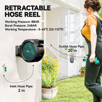 Retractable Hose Reel Wall Mounted, 20+2m Garden Hose Pipe Reel with Lock, Auto Rewind, 7 in 1 Spray Nozzle, Includes Wall Fixings, 180° Swivel, Outdoor Watering, 59 x 20 x 39 cm, Black