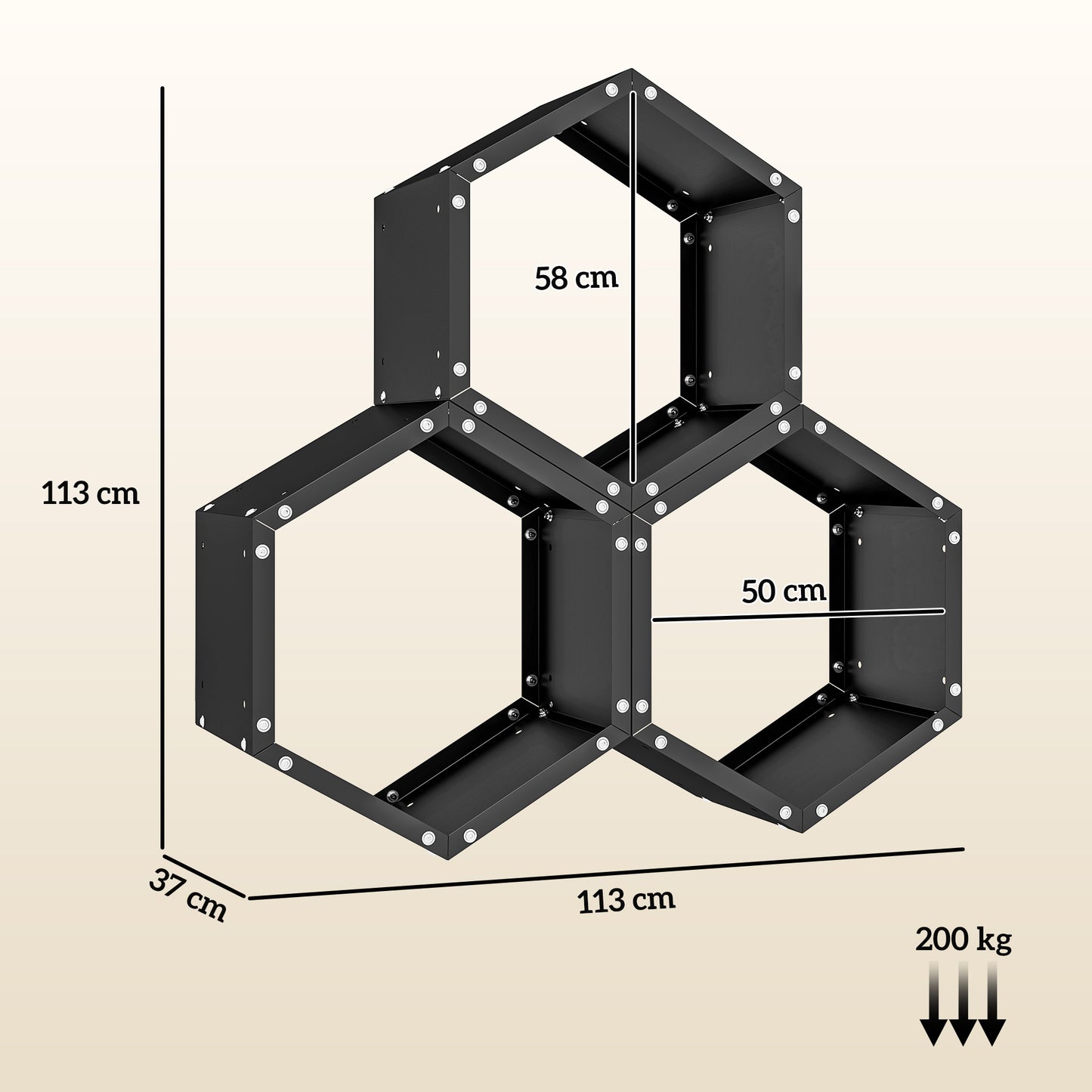Outsunny Fireplace Log Rack, Steel Firewood Log Holder, 3 Hexagon Boxes, Indoor Outdoor Wood Storage Shelf, 113 x 37 x 113cm, Black