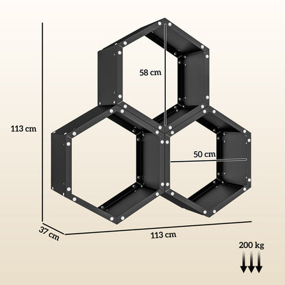 Outsunny Fireplace Log Rack, Steel Firewood Log Holder, 3 Hexagon Boxes, Indoor Outdoor Wood Storage Shelf, 113 x 37 x 113cm, Black