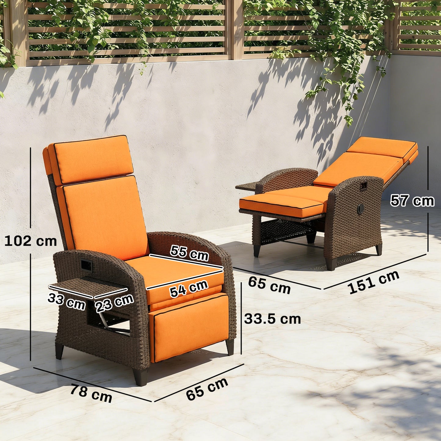 Rattan Outdoor Recliner Chair | 140° Adjustable Back | Lift-Up Footrest | Flip-Up Side Tray | Full Cushion Seat Back Headrest & Footrest | Powder-Coated Steel | 160kg | 65x78x102cm | Orange