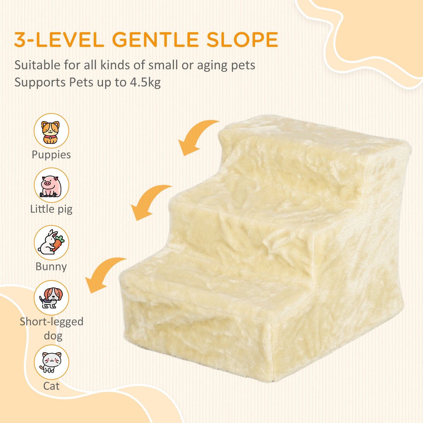 PawHut Three-Step Dog Stairs Steps  with Washable Plush Cover, for High Bed Sofa, Dog Stairs for Small Dog and Cat - Beige