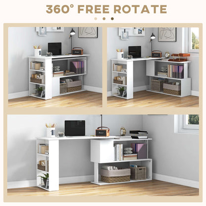 Corner Computer Desk, L Shaped Desk with 360° Rotating Bookshelf, 120L x 110W x 74.5H cm, White