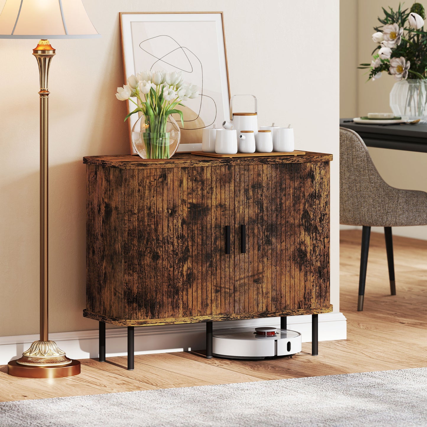 Mid-Century Sideboard & Nightstand Set | Tambour Sliding Doors | 2-Tier Storage | Steel Legs | Anti-Tip | Oak & Black | Rustic Brown