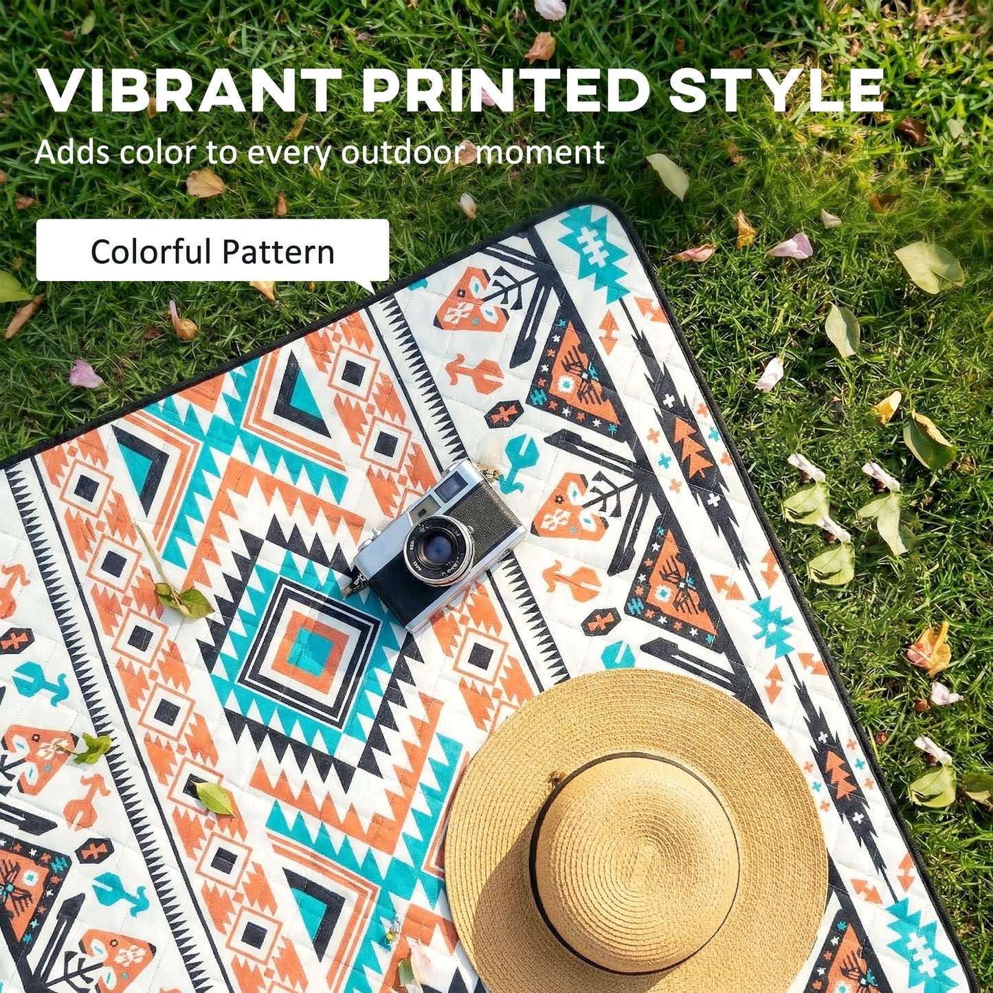 200x200cm Picnic Blanket & Beach Mat | Water-Repellent Oxford Base | 1cm Padding | Integrated Strap | 3-4 People | Mix-Colour
