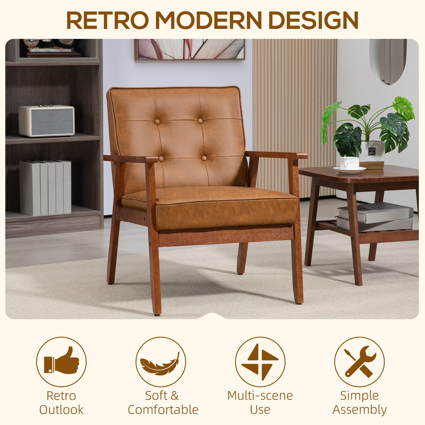 2 Pack Retro Vintage Style Accent Chair, with Faux Leather Seat - Brown