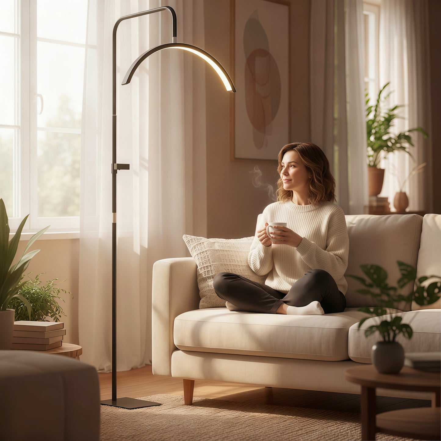 Half Moon Lash Light, Beauty Floor Lamp with 350° Rotatable Head, 7 Colour Temperature and Phone Holder, Dimmable Standing Lamp for Eyelash Extension, Tattoo, Nails, Skincare, Black