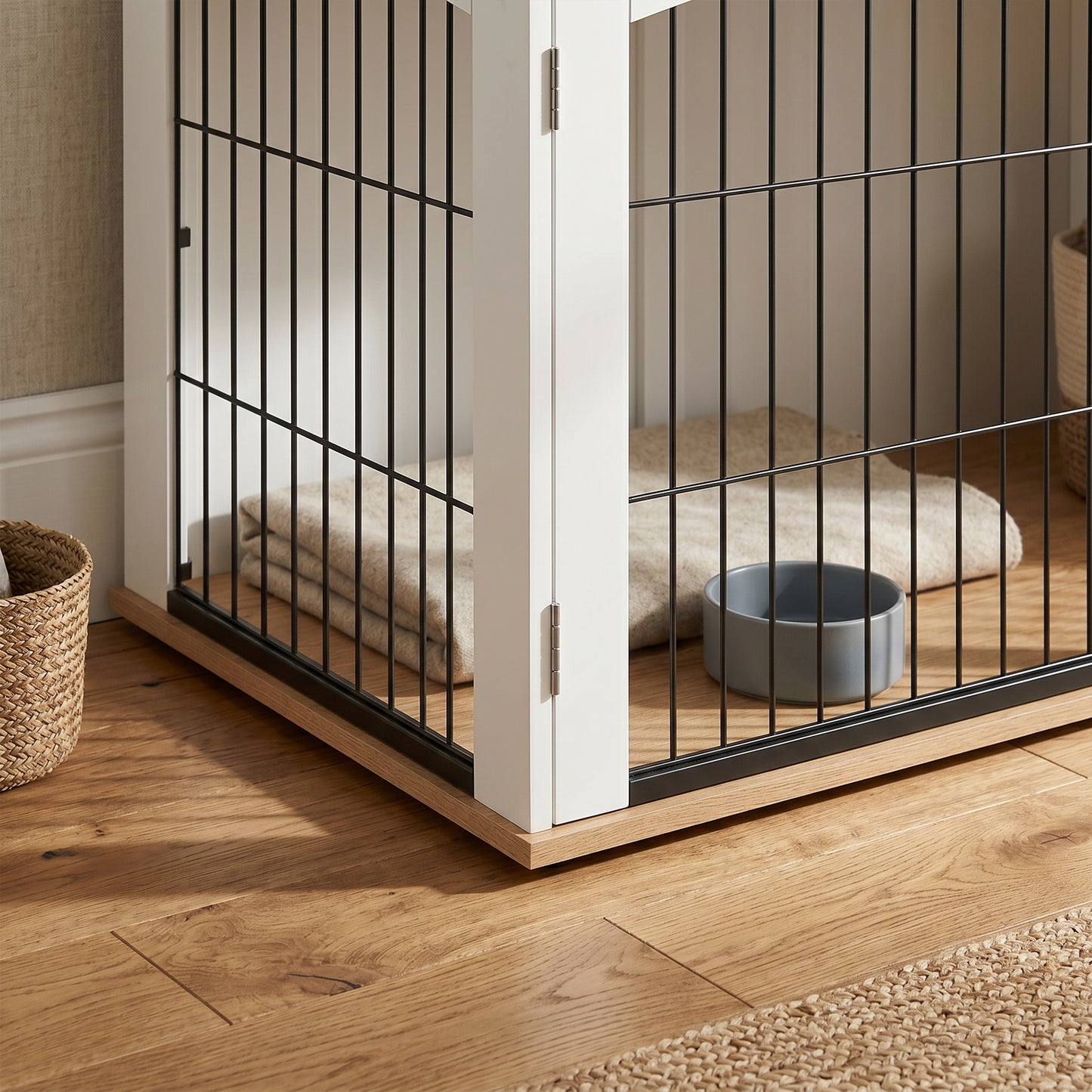 Dog Crate Furniture Side Table | Double Doors | Arched Wood-Grain Design | Large Dogs up to 30kg | 100 x 60 x 69cm | White