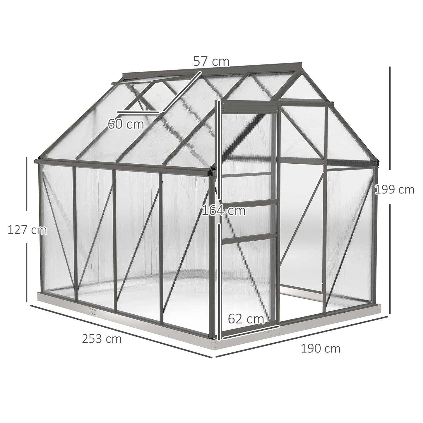 Outsunny 190 x 253 cm Walk-In Polycarbonate Greenhouse - Dark Grey
