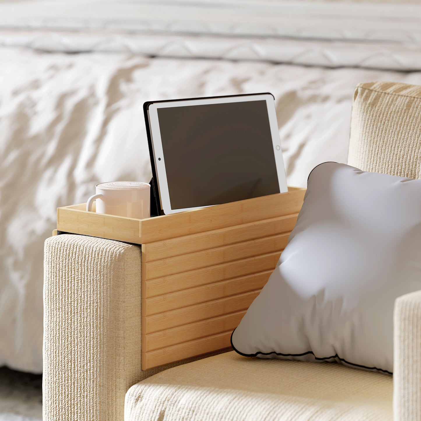Bamboo Sofa Arm Tray | Foldable | 2cm Recessed Anti-Slip Tray | Drinks & Snacks | No Assembly | Natural Wood Finish