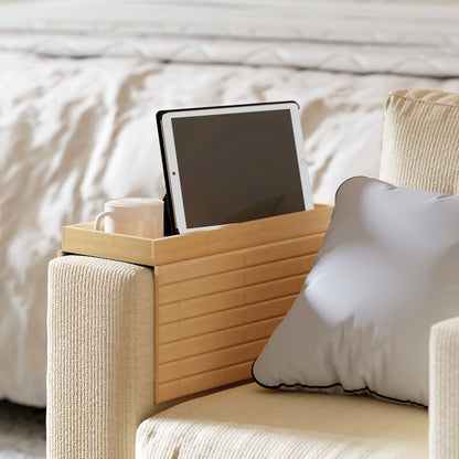 Bamboo Sofa Arm Tray | Foldable | 2cm Recessed Anti-Slip Tray | Drinks & Snacks | No Assembly | Natural Wood Finish