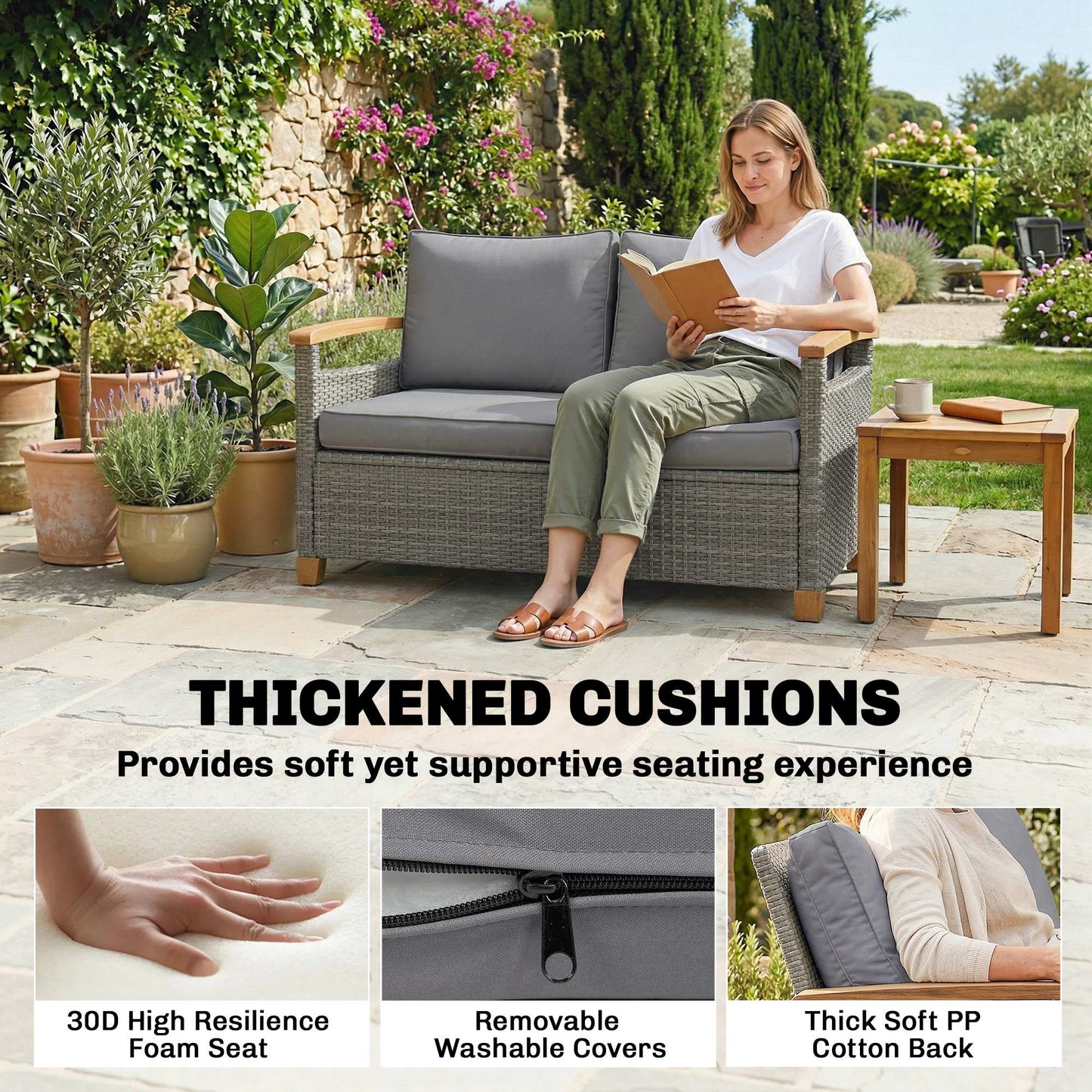 2 Seater Rattan Garden Sofa | Acacia Wood Armrests | Thick Cushions | Powder Coated Steel | Adjustable Feet | 124x74x79cm | 240kg | Dark Grey
