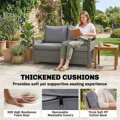2 Seater Rattan Garden Sofa | Acacia Wood Armrests | Thick Cushions | Powder Coated Steel | Adjustable Feet | 124x74x79cm | 240kg | Dark Grey