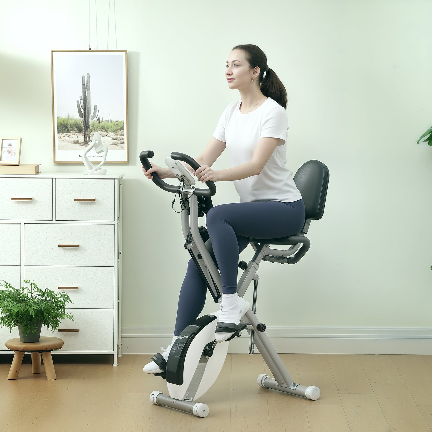 5-In-1 Folding Exercise Bike with Arm Workout Bands, Quiet 8-Level Magnetic Resistance Foldable Exercise Bike with LCD, Tablet Holder, White