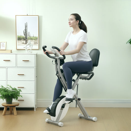5-In-1 Folding Exercise Bike with Arm Workout Bands, Quiet 8-Level Magnetic Resistance Foldable Exercise Bike with LCD, Tablet Holder, White