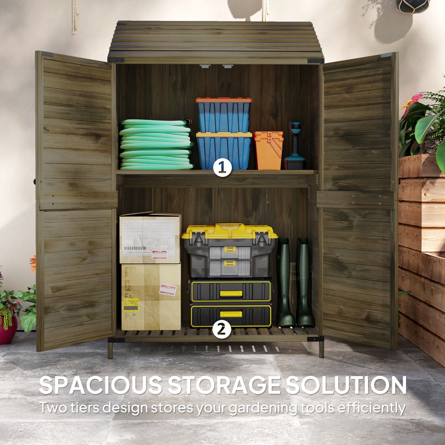 Lean to Wooden Garden Shed, Garden Tool Storage Shed with Double Doors and Shelves, Outdoor Storage Cabinet for Patio Deck Garden, Green