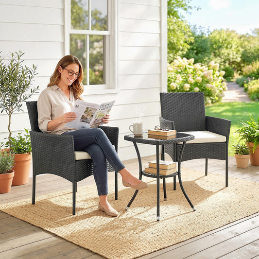 3 Piece Rattan Bistro Set | 2 Cushioned Armchairs | 2-Tier Tempered Glass Table | PE Wicker | Steel Frame | 120kg | Cream White & Black