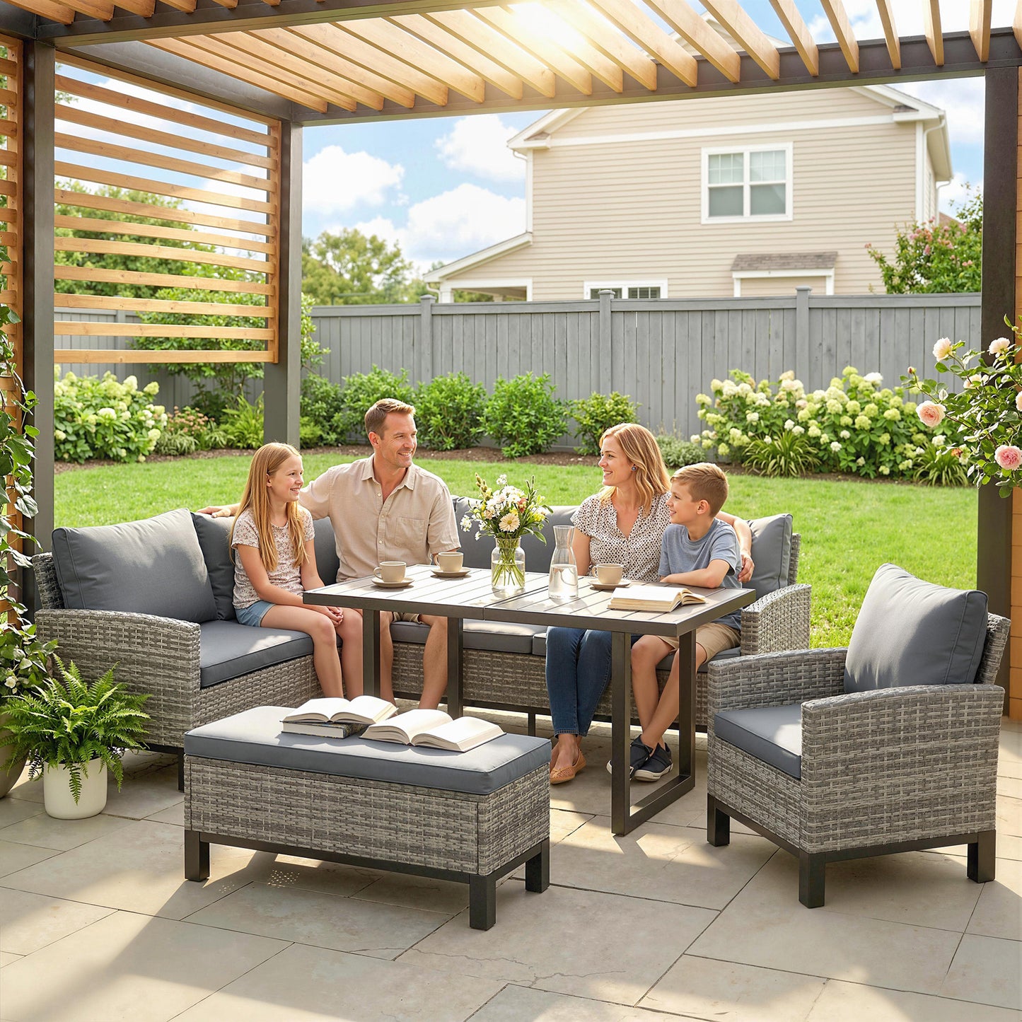 9-Seater Rattan Corner Sofa & Dining Set | Ottoman | Faux Wood Table | Washable Cushions | Dark Grey