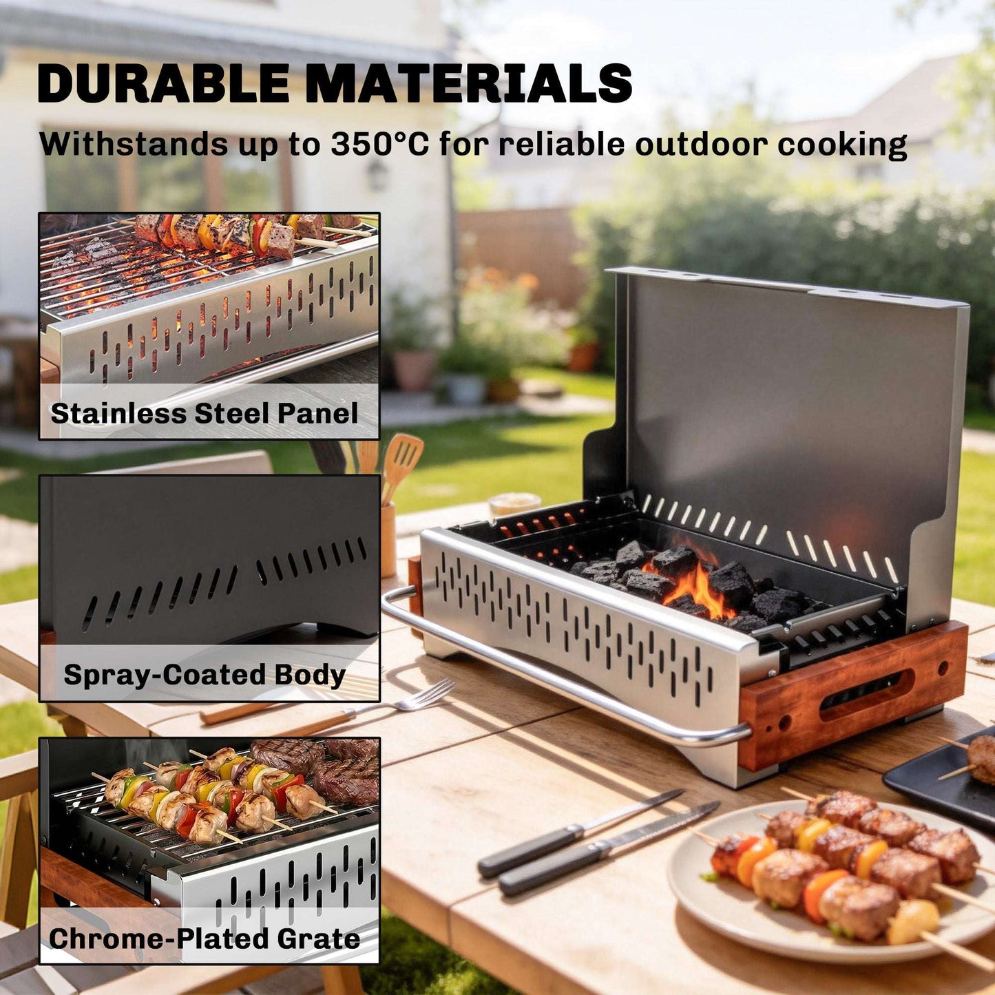 Outsunny Portable Folding Charcoal BBQ Grill – Briefcase Design, 6.7cm Slim, 0.08m² Chrome Grate, Removable Enamel Basin, For Camping, Picnic & Garden, Black