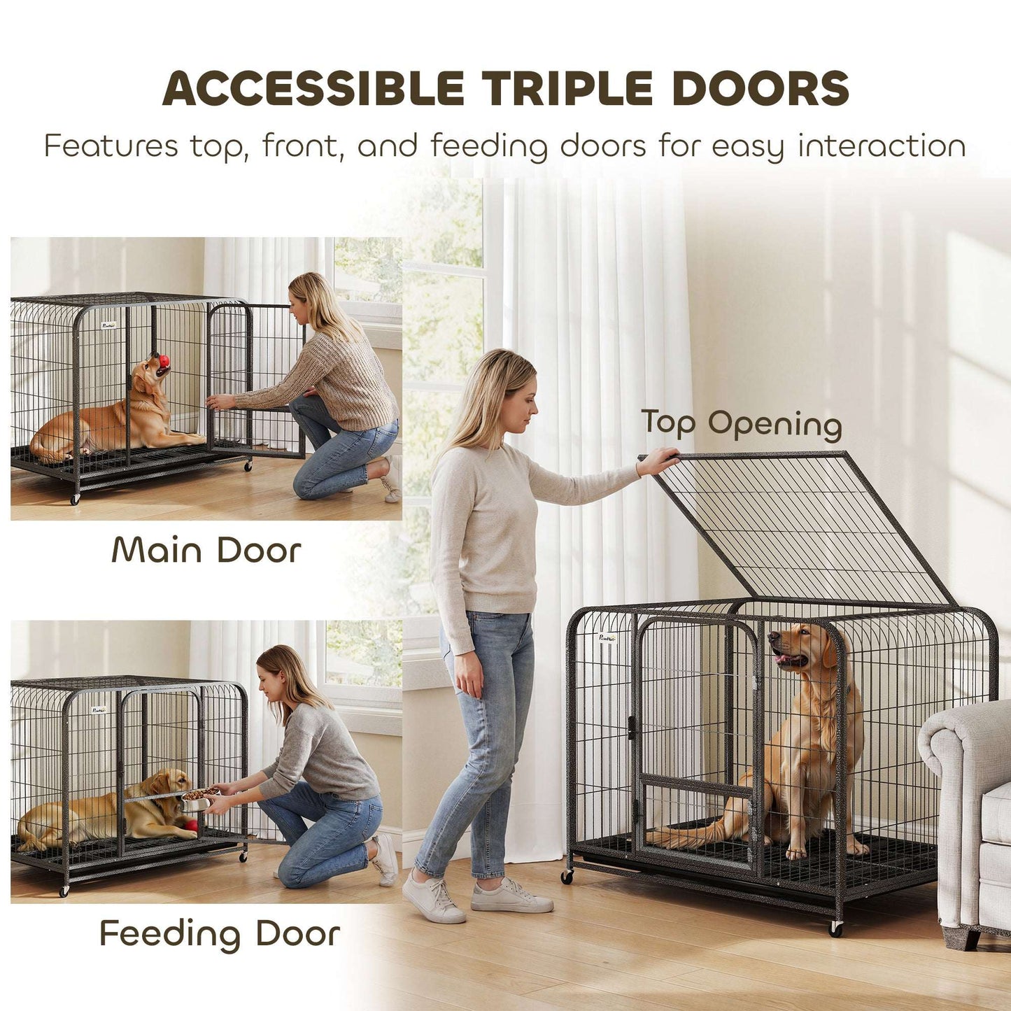 Heavy Duty Dog Crate | 116x77x88cm | 3 Doors | Slide-Out Tray | 4 Wheels | Raised Base | 30kg | Black