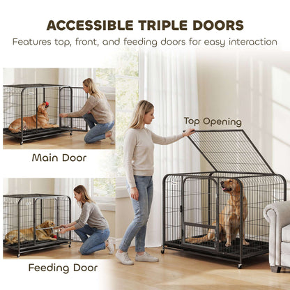 Heavy Duty Dog Crate | 116x77x88cm | 3 Doors | Slide-Out Tray | 4 Wheels | Raised Base | 30kg | Black