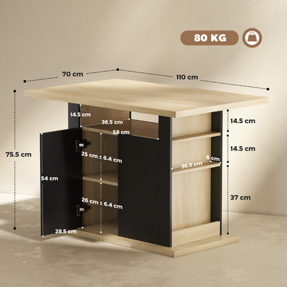Kitchen Island with Storage Cabinets & Spice Rack | 4-Person Tabletop | Adjustable Shelves | Black & Natural Wood