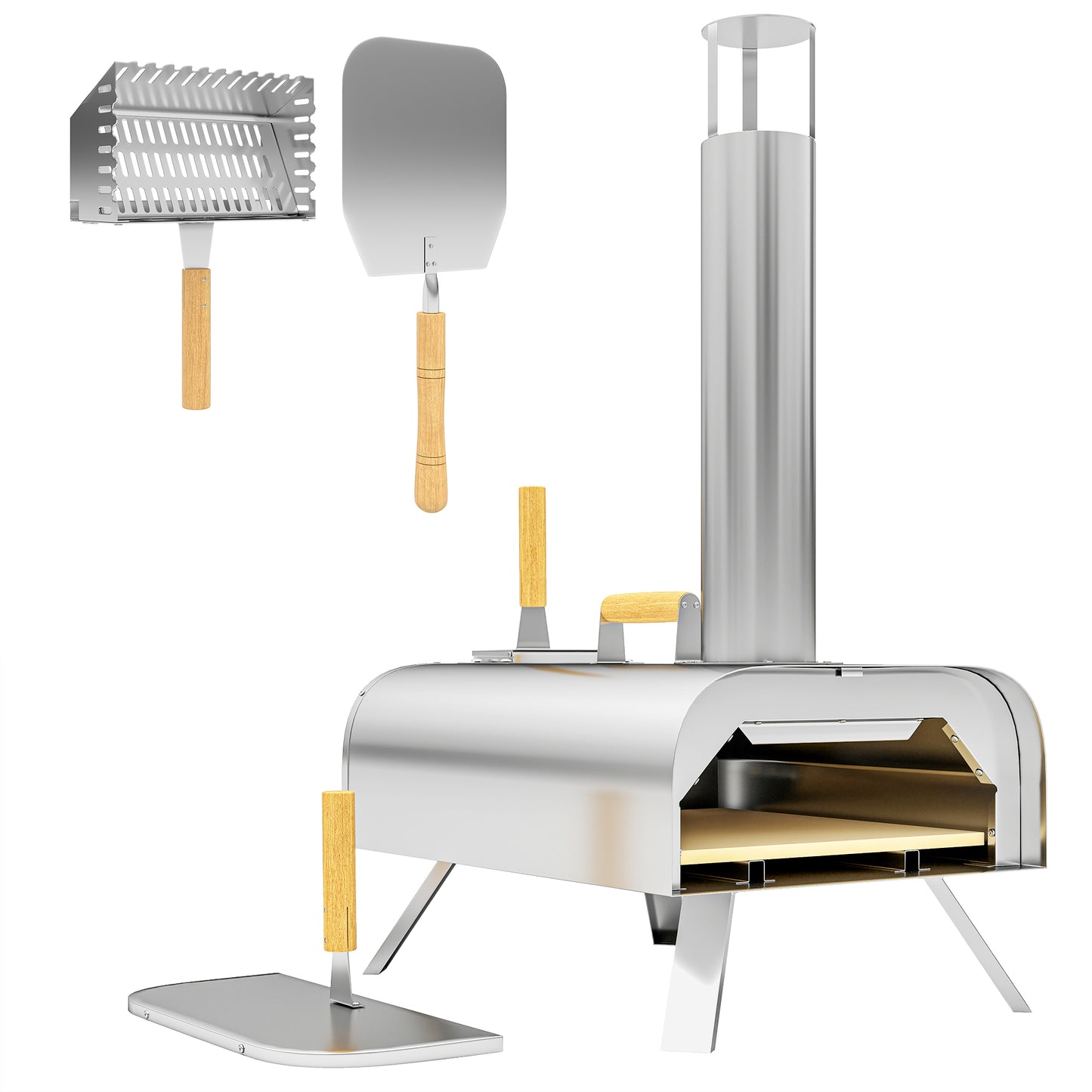 Portable Wood Pellet Outdoor Pizza Oven with Stone and Peel, Foldable Legs, Chimney, 12 Inch Wood Fired Pizza Maker for Outdoor Cooking, Stainless Steel