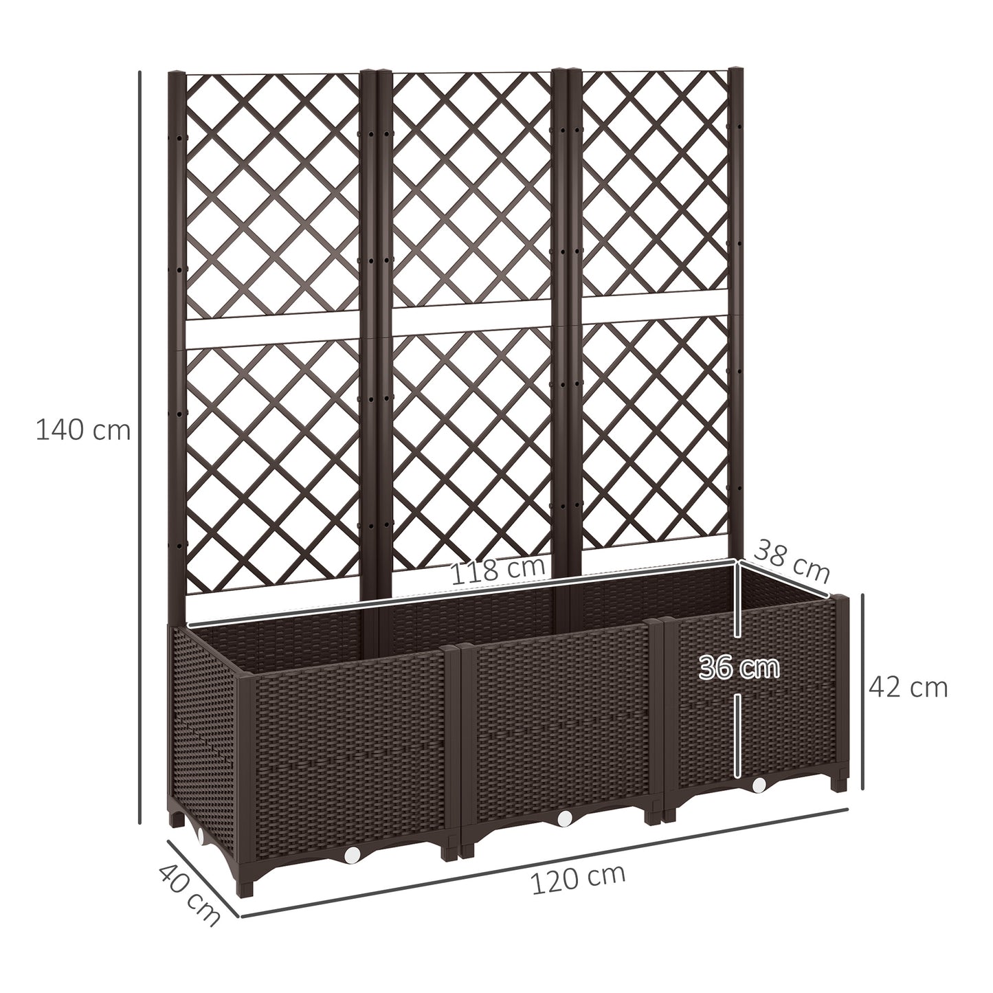 Large PP Raised Garden Bed with Trellis | 8 Drainage Holes & Drain Plugs | 75kg Capacity | 120x40x140cm | Indoor & Outdoor | Climbing Plants Veg & Flowers | Brown