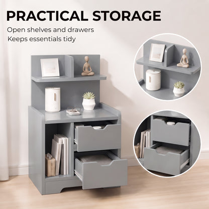 Bedside Table with 2 Drawers & Open Shelves | Grey Particleboard | 40x30x60cm | 30kg | Cut-Out Handles | Rounded Corners | Top & Bottom Shelves | Modern Nightstand | Bedroom Side Table