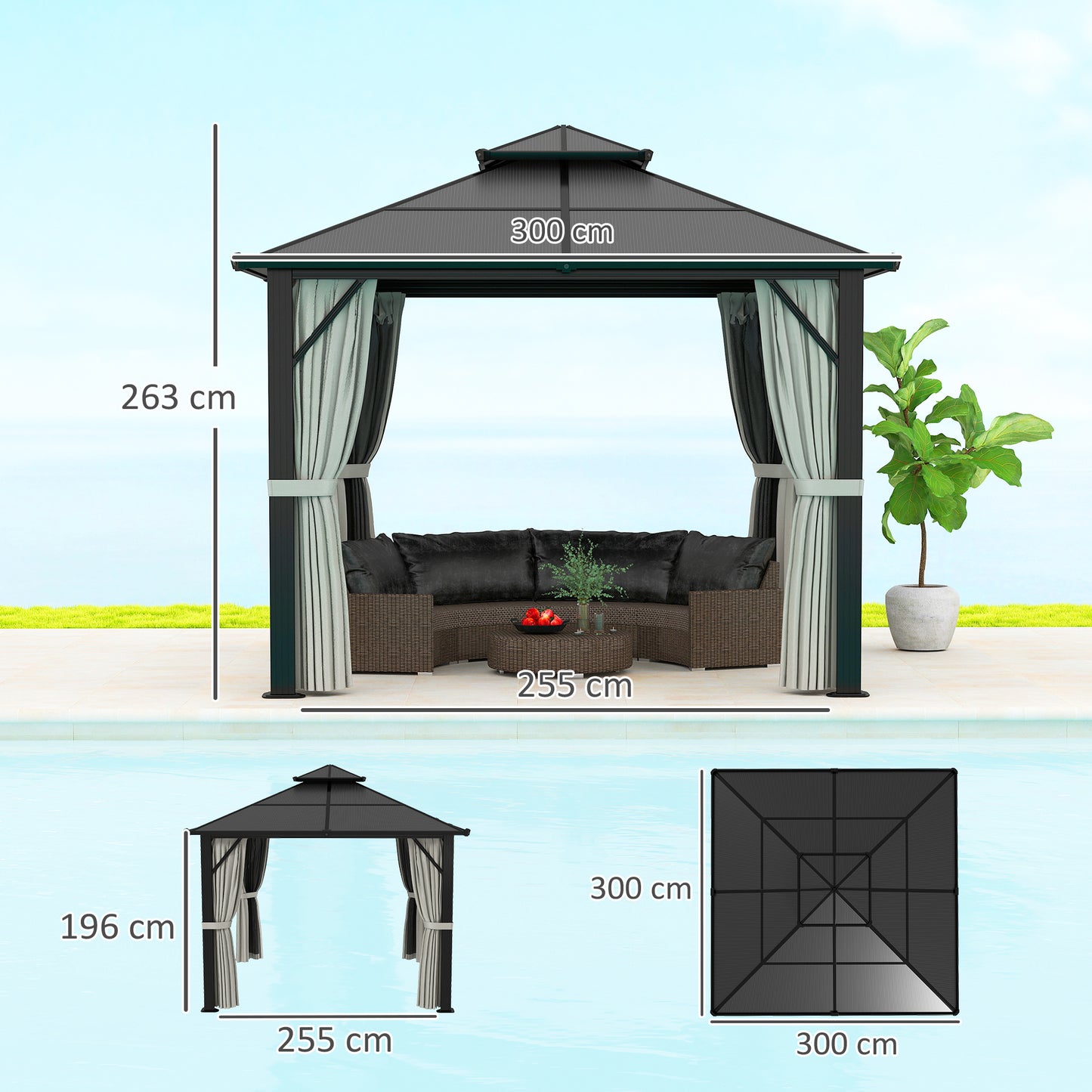 3 x 3(m) Hardtop Gazebo Canopy with UPF30+ Double Polycarbonate Roof, Aluminium Frame Garden Gazebo Permanent Pavilion for Patio, Deck, Grey
