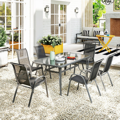 7-Piece Garden Dining Set | 6 Mesh Armchairs & Glass Table | Parasol Hole | 120kg | Charcoal Grey
