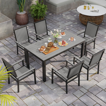 6 Seater Garden Dining Set with Stackable Chairs, Aluminium Frame, Rectangular Plastic Top, Garden Furniture Set, Outdoor Dining Table and Chairs