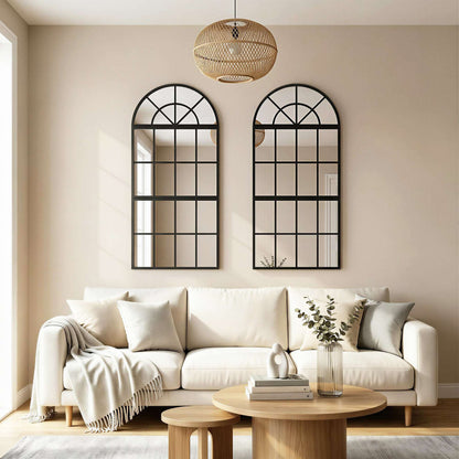 Arched Wall Mirror | 3-Piece Split Windowpane | 54x120cm | Black Metal Frame | Tempered Glass | 2cm Slim | Adjustable Spacing