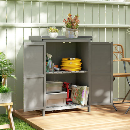2-in-1 Fir Wood Potting Table & Garden Tool Storage Shed | Galvanised Metal Worktop | Double Doors | Shelf | Side Hooks | Raised Base | Water-Based Paint | 71.5x39x95cm | 30kg Capacity | Grey
