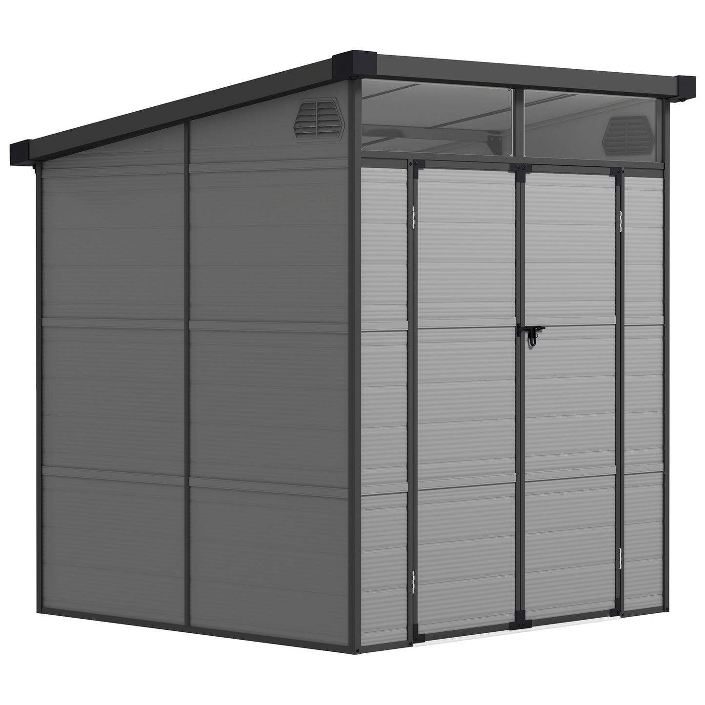 6 x 6ft Outdoor Storage Shed, Plastic Garden Shed with Windows and Air Vents, Outdoor Resin Tool Shed with Latch Doors for Garden, Deck