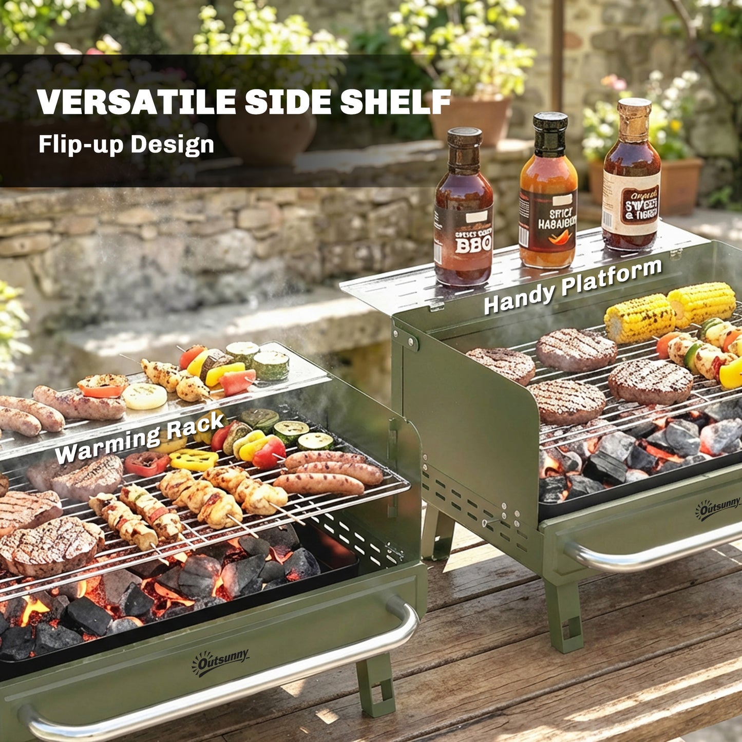 Portable Charcoal BBQ Grill | 3 Adjustable Grate Heights | 304 Stainless Steel | Foldable Legs | Side Shelf | No Assembly | 52x37x31.8cm | Green