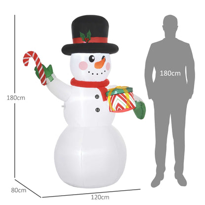 6FT Christmas Inflatable Snowman with Candy Cane and Gift Box with Built-in LED Light for Indoor, Outdoor