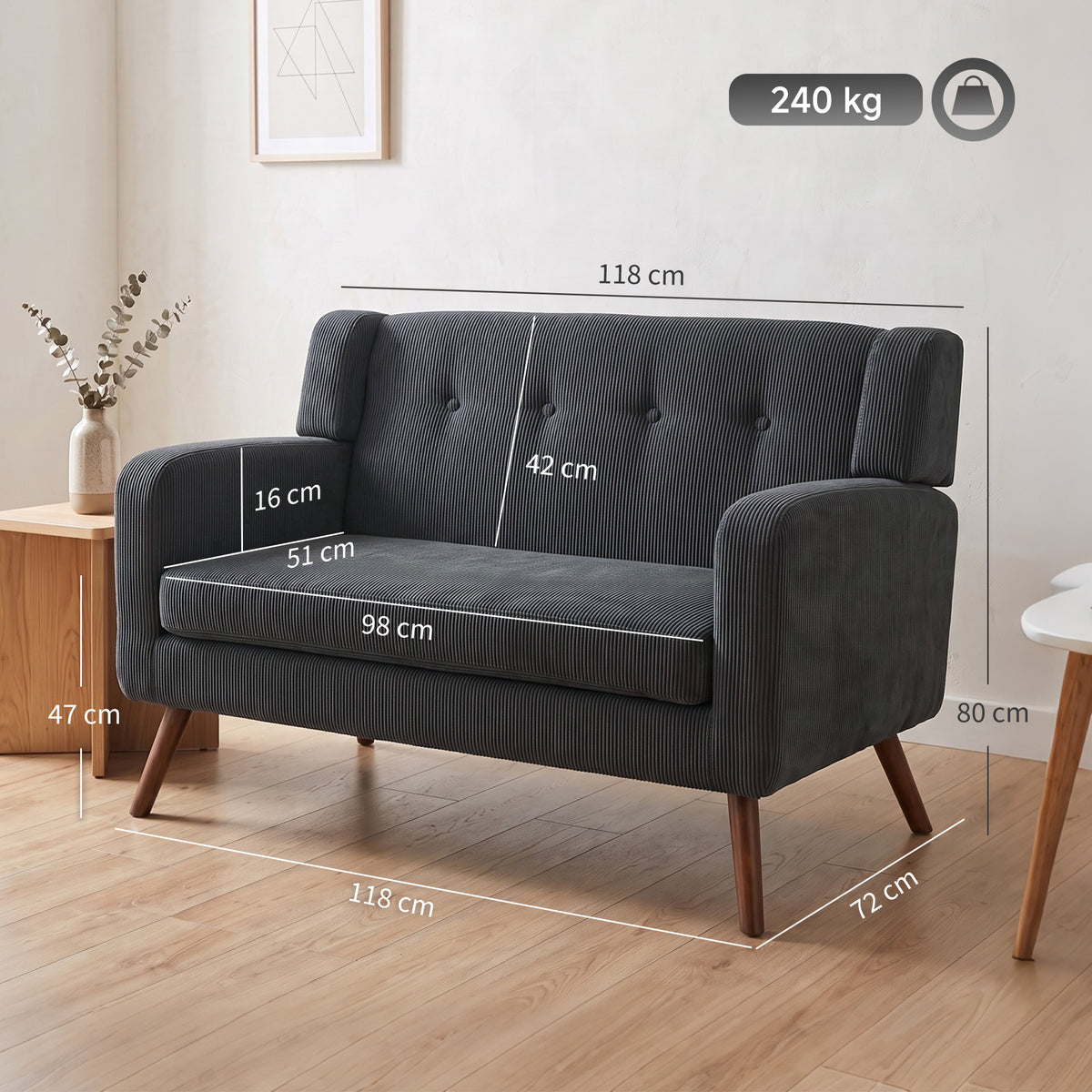 2 Seater Sofa | Dark Grey Corduroy Loveseat with Tufted Back, Padded Arms & 240kg Capacity