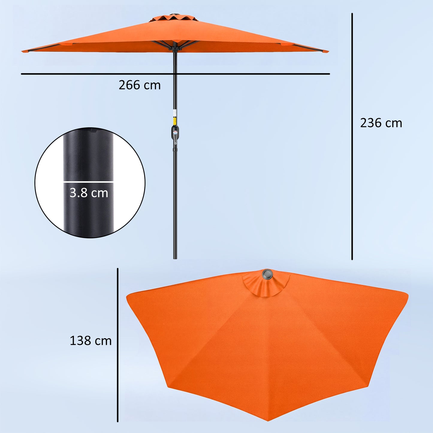Half Round Wall Parasol Umbrella | UV & Splash Resistant Polyester | Powder-Coated Metal Frame | Crank Handle | Ideal for Balcony Patio & Small Gardens | 269x138x236cm | Orange