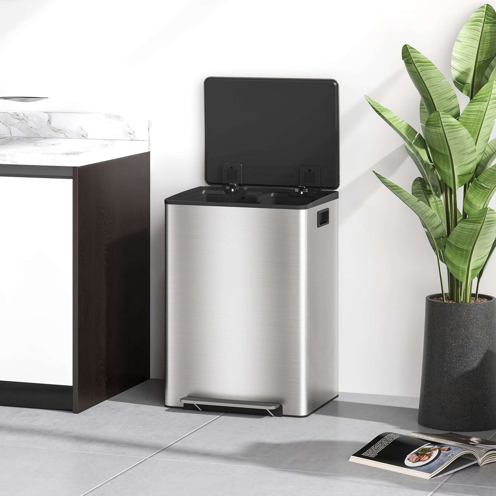 60L Dual Compartment Stainless Steel Bin, with Deodoriser Holders - Silver Tone