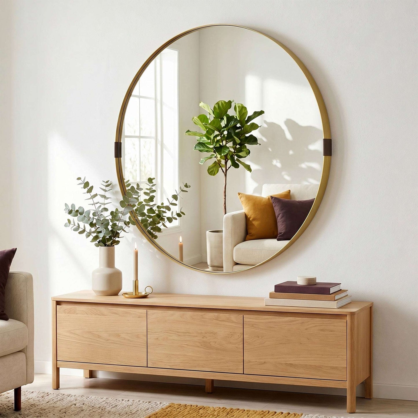Round Wall Mirror | Shatterproof Tempered Glass | Anodised Aluminium Alloy Frame | 4cm Deep 3D Effect | 61cm Diameter | No Assembly | Gold Tone