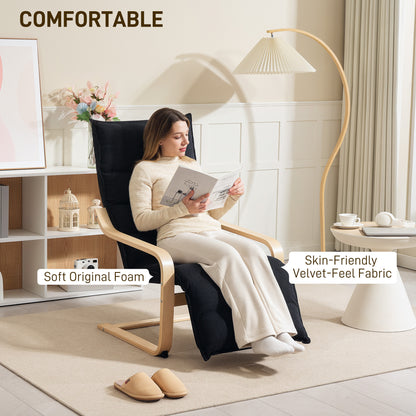 Wood Lounge Chair, Upholstered Recliner Lounge Seat with Adjustable Footrest, Armchair for Living Room, Bedroom, Balcony, Office, Black