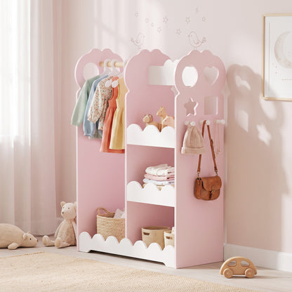 Kids Wardrobe with Full-Length Mirror | Clothes Rail | Open Shelves & Bottom Storage | P2 MDF | Acrylic Mirror | Pink Cloud-Print Design | 81x34x110cm | 10kg Shelf & 5kg Rail | Ages 3–12 | Pink