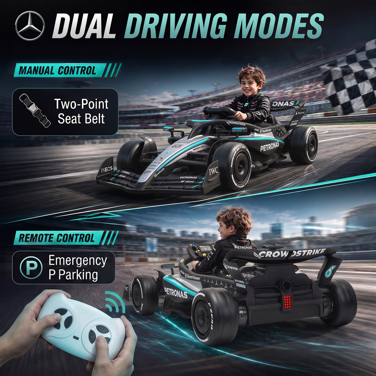 Mercedes-AMG PETRONAS F1 Licensed Kids Electric Go-Kart | Dual 12V Motors | 3 Speeds 3.3-5.5km/h | Parent Remote | Soft Start | Rear Suspension | PVC Silent Strips | Tow Handle | 2-Point Harness | Music & Lights | 123x66x39cm | 30kg | Ages 3-5 | Black