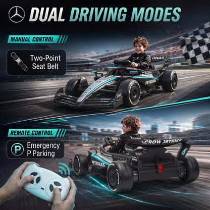 Mercedes-AMG PETRONAS F1 Licensed Kids Electric Go-Kart | Dual 12V Motors | 3 Speeds 3.3-5.5km/h | Parent Remote | Soft Start | Rear Suspension | PVC Silent Strips | Tow Handle | 2-Point Harness | Music & Lights | 123x66x39cm | 30kg | Ages 3-5 | Black