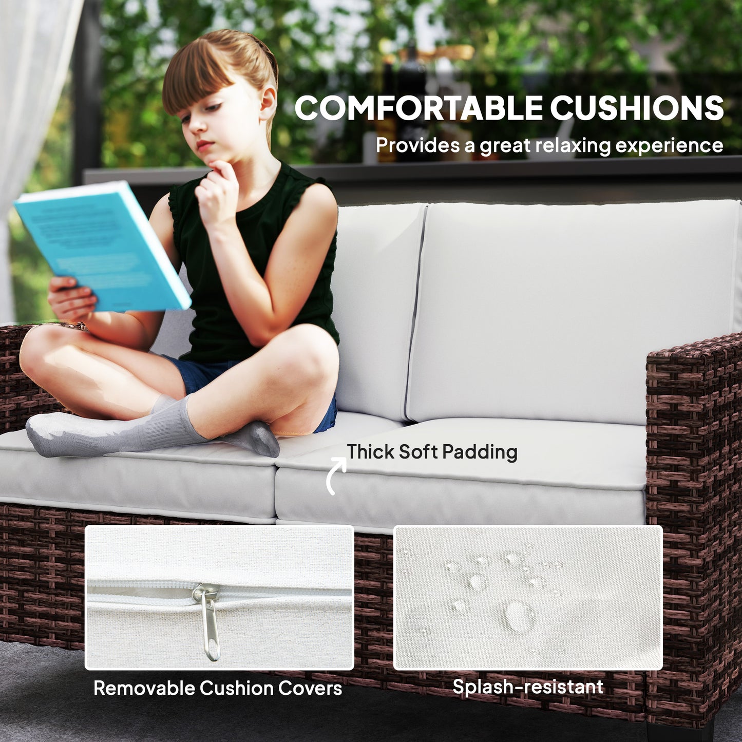 2-Seater Rattan Outdoor Sofa | 8cm Washable Cushions | Galvanised Steel Frame | Adjustable Feet | 240kg | Brown Rattan & Cream Cushions