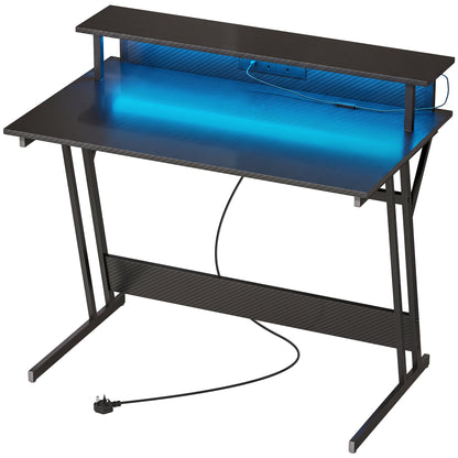 RGB LED Gaming Desk | 16 Colours & 4 Modes | 2 Power Outlets | USB & USB-C | 15cm Monitor Shelf | Z-Frame | 80kg | 100x60x88.5cm | Black